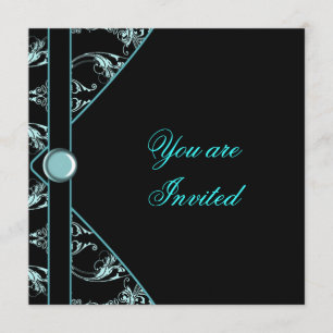 Theelblauw Zwart Damast Feest Uitnodiging Template
