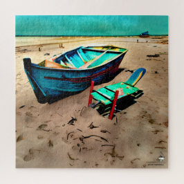 Theelblauwe boot op een zandstrand legpuzzel