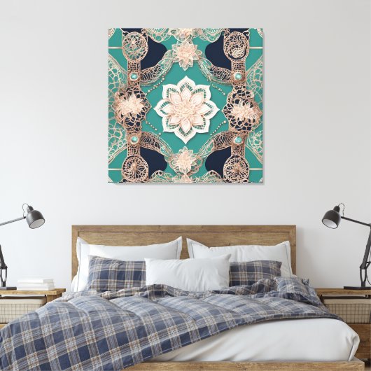 Theelblauwe en roze gouden Mandala Kantwerk Canvas Afdruk (Insitu (Slaapkamer))