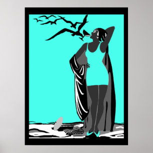 Theelblauwe Poster ART DECO DAM Zwart Witte vogels