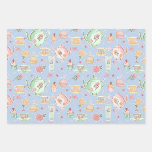 Theeliefhebbers Blauwe theepotten Teacups Verwenn Inpakpapier Vel (Voorkant)
