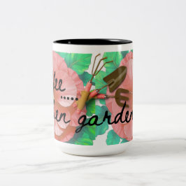 Theemok met tuinmotief, bloemen en gereedschap tweekleurige koffiemok