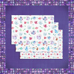 theepartij en koffiepatronen inpakpapier vel<br><div class="desc">Het zoete theepartijpatroon wordt gemaakt in waterverven blauwen, paars en roze theeketels en bekertjes met groene vlekken en theebladeren op een witte achtergrond. Het koffiepatroon wordt gemaakt in blauwe en groene koffieketels en blauwe gestreepte en rode bekertjes met koffiebonen en koffiebrinder. Ideaal voor een bruidthee feestje of een meisje's verjaardagstheefeestje....</div>