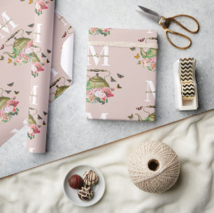 Theepartij Roze Bloemen & Vlinders Monogram Cadeaupapier