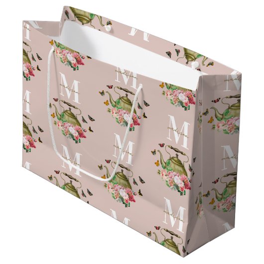 Theepartij Roze Bloemen & Vlinders Monogram Groot Cadeauzakje (Voorkant Gekanteld)