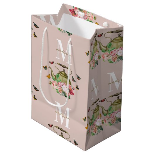 Theepartij Roze Bloemen & Vlinders Monogram Medium Cadeauzakje (Voorkant Gekanteld)