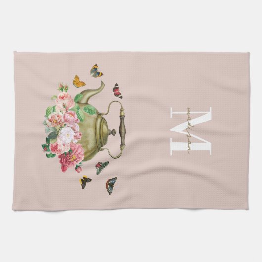 Theepartij Roze Bloemen & Vlinders Monogram Theedoek (Horizontaal)