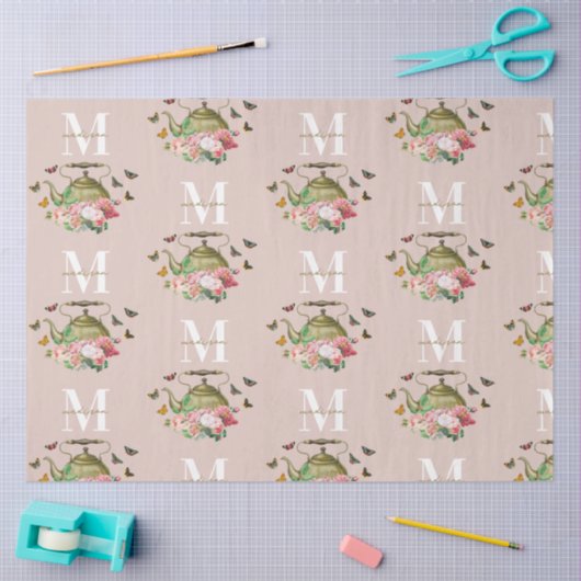 Theepartij Roze Bloemen & Vlinders Monogram Tissuepapier (Craft)
