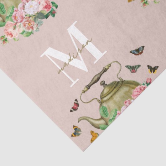 Theepartij Roze Bloemen & Vlinders Monogram Tissuepapier (Detail)