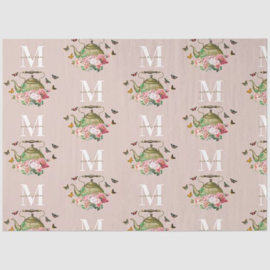 Theepartij Roze Bloemen & Vlinders Monogram Tissuepapier (Voorkant)