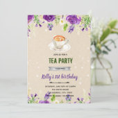 Theepartij uitnodiging paarse bloem (Staand voorkant)