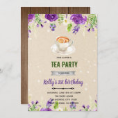 Theepartij uitnodiging paarse bloem (Voorkant / Achterkant)