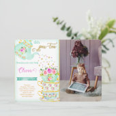 Theepartij verjaardag foto uitnodiging (Staand voorkant)