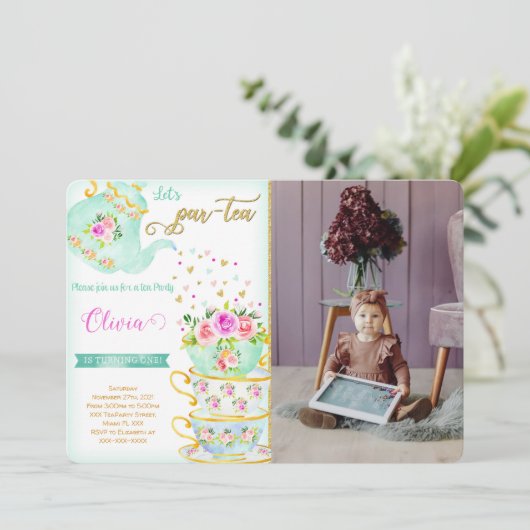 Theepartij verjaardag foto uitnodiging (Staand voorkant)