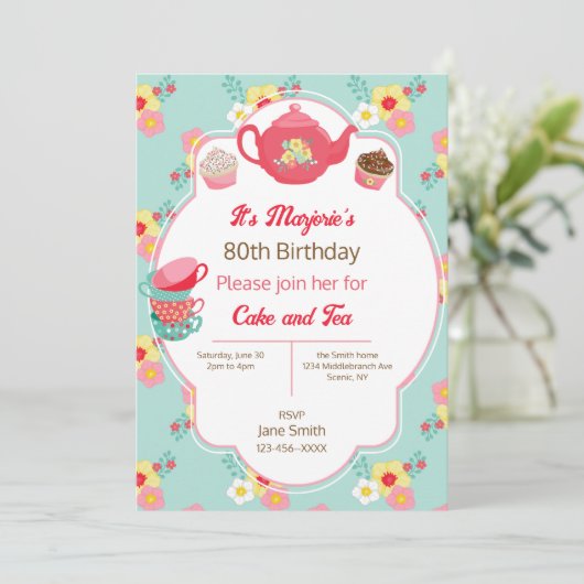 Theepartij Verjaardagsfeest Uitnodiging (Staand voorkant)