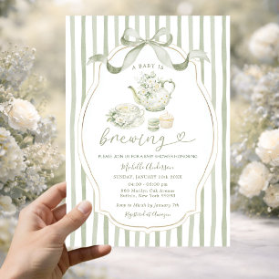 Theepeettijd voor een baby shower met saliegroene  kaart