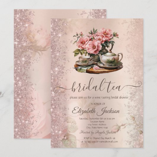 theepot bloemen glitter schittering kaart (Voorkant / Achterkant)