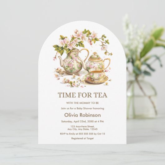 Theepot Bloemen Tijd voor Thee Baby shower Kaart (Staand voorkant)