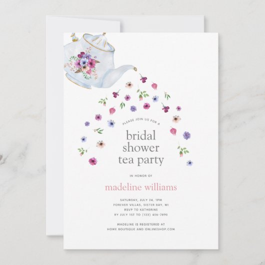 Theepot Bloemen Vrijgezellenfeest Tea Party Uitnod Kaart (Voorkant)