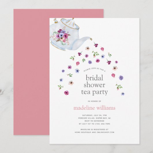 Theepot Bloemen Vrijgezellenfeest Tea Party Uitnod Kaart (Voorkant / Achterkant)