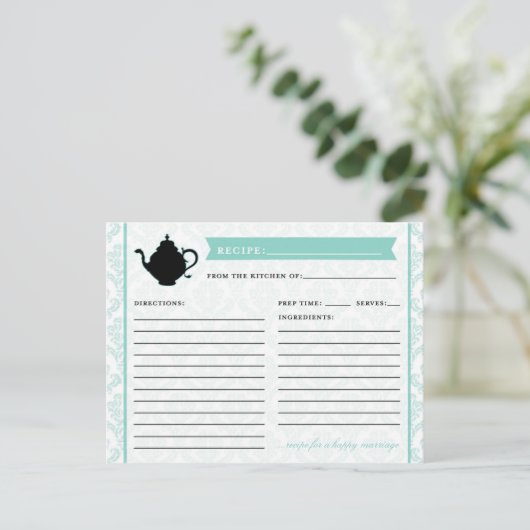 Theepot Bruids Keuken Douche Recept Kaart (Staand voorkant)