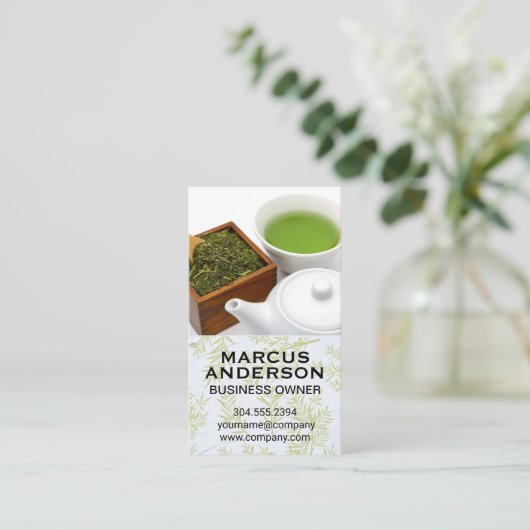 Theepot en beker | groene thee visitekaartje (Staand voorkant)