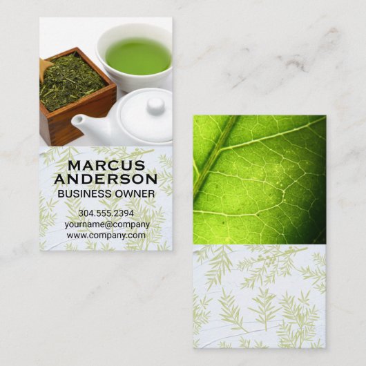 Theepot en beker | groene thee visitekaartje (Voorkant / Achterkant)