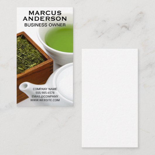 Theepot en beker | Houten doos thee Visitekaartje (Voorkant / Achterkant)
