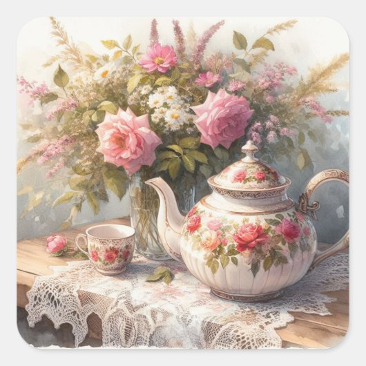 Theepot en beker met Pink Flowers Sticker (Voorkant)