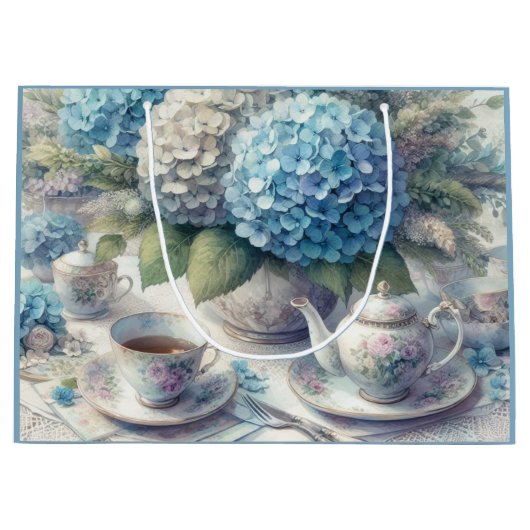 Theepot en Blauwe Hydrangea Gift Bag Groot Cadeauzakje (Voorkant)