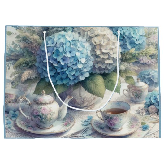 Theepot en Blauwe Hydrangea Gift Bag Groot Cadeauzakje (Achterkant)