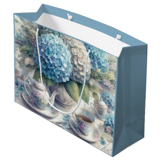 Theepot en Blauwe Hydrangea Gift Bag Groot Cadeauzakje (Achterkant Gekanteld)