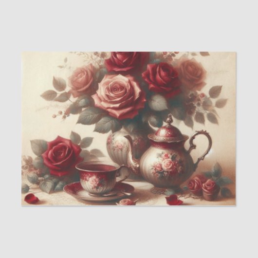  Theepot en Red Rose Floral Tea Party Tissuepapier (Voorkant)