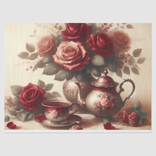  Theepot en Red Rose Floral Tea Party Tissuepapier (Voorkant)