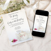 theepot en roze rozen Birthday Party Kaart