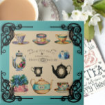 theepot en theekopje reclame blauwgroen bruin tegeltje<br><div class="desc">Dit ontwerp bevat een advertentie van een  theebedrijf. Het is een collage van  theebekers,  theepot en bloemen. Ik heb een Victoriaans trim toegevoegd om het zo'n afwerking te geven. Gedaan in kleuren van blauwgroen,  zwart,  crème,  goud en een verscheidenheid aan theekoppen en -kleuren. Ideaal voor een  keuken.</div>