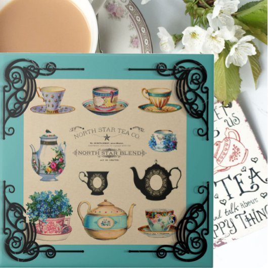 theepot en theekopje reclame blauwgroen bruin tegeltje