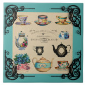 theepot en theekopje reclame blauwgroen bruin tegeltje (Voorkant)