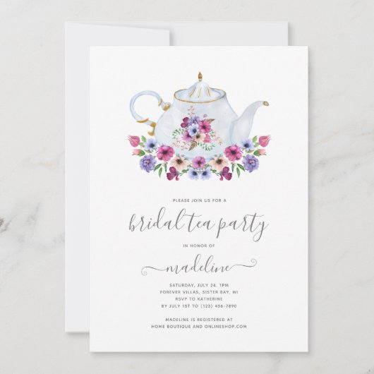 Theepot Floral Tea Party bruids douche uitnodiging (Voorkant)