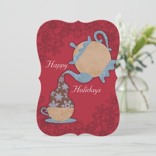 Theepot gieten sneeuwvlokken in theebeker Kerstmis Feestdagenkaart (Staand voorkant)