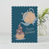 Theepot gieten sneeuwvlokken in theebeker Kerstmis Feestdagenkaart (Staand voorkant)