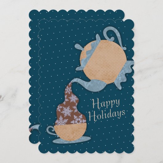 Theepot gieten sneeuwvlokken in theebeker Kerstmis Feestdagenkaart (Voorkant / Achterkant)