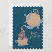 Theepot gieten sneeuwvlokken in theebeker Kerstmis Feestdagenkaart (Voorkant)