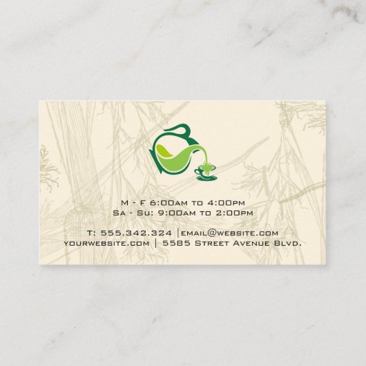 theepot gieten | theebladeren visitekaartje (Achterkant)