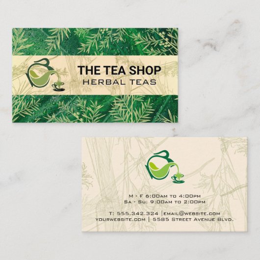 theepot gieten | theebladeren visitekaartje (Voorkant / Achterkant)