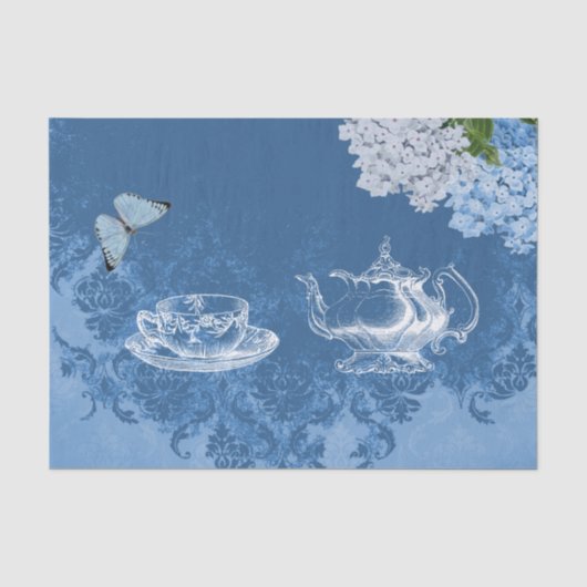 Theepot Hydrangea Blue Damask-weefselpapier Tissuepapier (Voorkant)