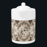 Theepot met  kanten crème & donkerbruin<br><div class="desc">Theepot met crème en een donkerbruin faux lace ontwerp met een kleine hoeveelheid van een lichtblauw in sommige van de bloemen. Bedankt voor Creative Fabrica voor enkele van de onderdelen in het ontwerp.</div>