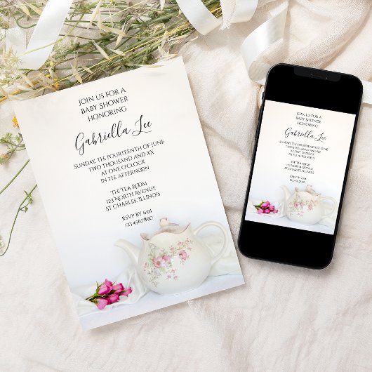 theepot met roze rozenrozen Baby shower Kaart