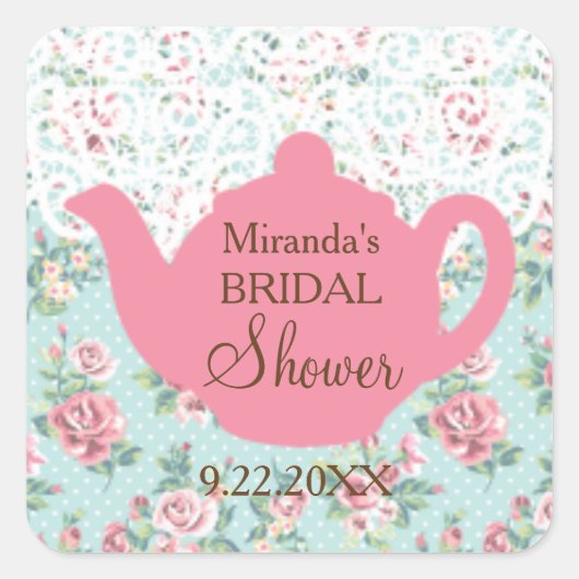  theepot met Rozen en kanten rand Vierkante Sticker (Voorkant)