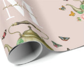 Theepot Party Roze Bloemen & Vlinders Monogram Cadeaupapier (Rol Hoek)